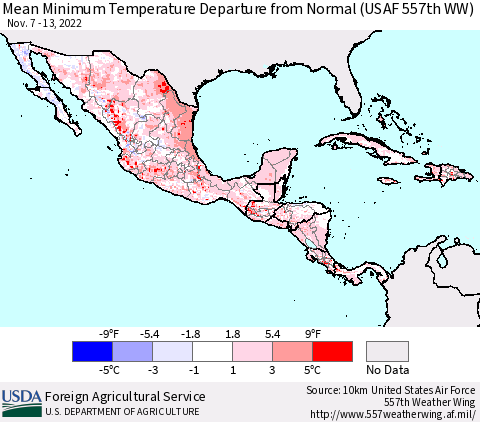 Mexico Central America and the Caribbean Mean Minimum Temperature Departure from Normal (USAF 557th WW) Thematic Map For 11/7/2022 - 11/13/2022