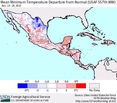 Mexico Central America and the Caribbean Mean Minimum Temperature Departure from Normal (USAF 557th WW) Thematic Map For 11/14/2022 - 11/20/2022