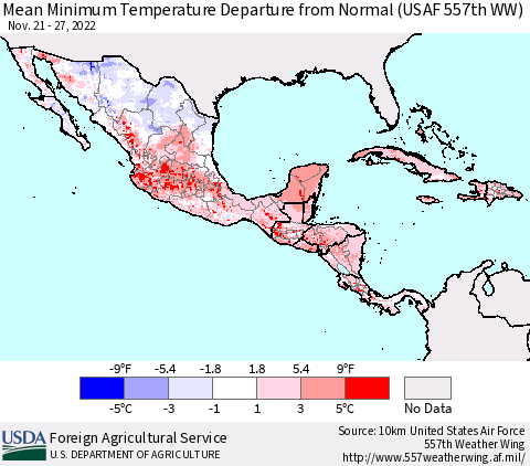 Mexico Central America and the Caribbean Mean Minimum Temperature Departure from Normal (USAF 557th WW) Thematic Map For 11/21/2022 - 11/27/2022