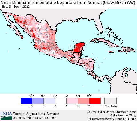 Mexico Central America and the Caribbean Mean Minimum Temperature Departure from Normal (USAF 557th WW) Thematic Map For 11/28/2022 - 12/4/2022