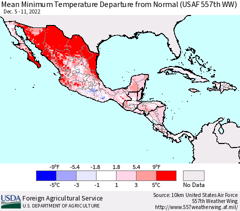 Mexico Central America and the Caribbean Mean Minimum Temperature Departure from Normal (USAF 557th WW) Thematic Map For 12/5/2022 - 12/11/2022