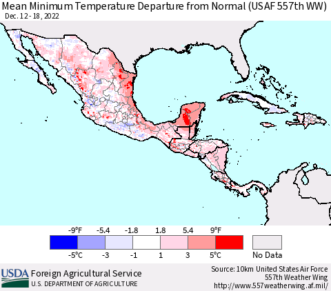 Mexico Central America and the Caribbean Mean Minimum Temperature Departure from Normal (USAF 557th WW) Thematic Map For 12/12/2022 - 12/18/2022