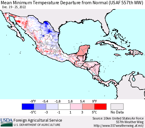 Mexico Central America and the Caribbean Mean Minimum Temperature Departure from Normal (USAF 557th WW) Thematic Map For 12/19/2022 - 12/25/2022