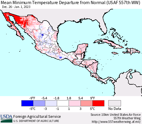 Mexico Central America and the Caribbean Mean Minimum Temperature Departure from Normal (USAF 557th WW) Thematic Map For 12/26/2022 - 1/1/2023