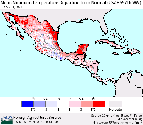 Mexico Central America and the Caribbean Mean Minimum Temperature Departure from Normal (USAF 557th WW) Thematic Map For 1/2/2023 - 1/8/2023