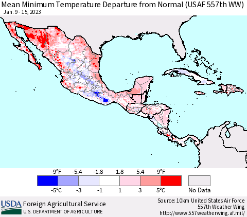 Mexico Central America and the Caribbean Mean Minimum Temperature Departure from Normal (USAF 557th WW) Thematic Map For 1/9/2023 - 1/15/2023