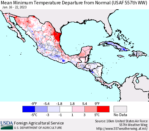 Mexico Central America and the Caribbean Mean Minimum Temperature Departure from Normal (USAF 557th WW) Thematic Map For 1/16/2023 - 1/22/2023