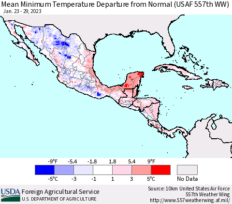 Mexico Central America and the Caribbean Mean Minimum Temperature Departure from Normal (USAF 557th WW) Thematic Map For 1/23/2023 - 1/29/2023