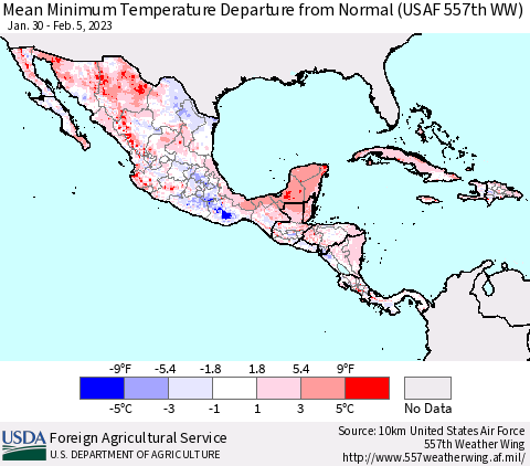 Mexico Central America and the Caribbean Mean Minimum Temperature Departure from Normal (USAF 557th WW) Thematic Map For 1/30/2023 - 2/5/2023
