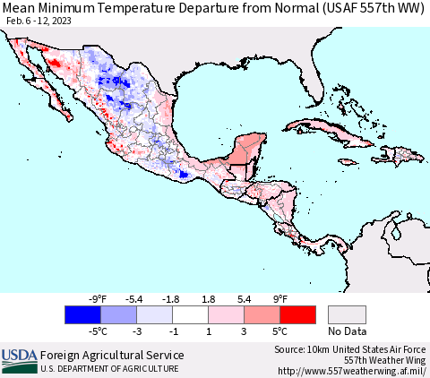 Mexico Central America and the Caribbean Mean Minimum Temperature Departure from Normal (USAF 557th WW) Thematic Map For 2/6/2023 - 2/12/2023