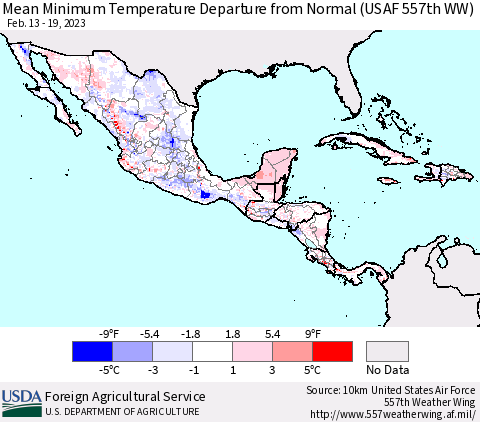 Mexico Central America and the Caribbean Mean Minimum Temperature Departure from Normal (USAF 557th WW) Thematic Map For 2/13/2023 - 2/19/2023