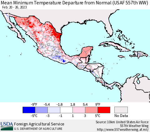 Mexico Central America and the Caribbean Mean Minimum Temperature Departure from Normal (USAF 557th WW) Thematic Map For 2/20/2023 - 2/26/2023