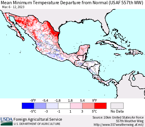 Mexico Central America and the Caribbean Mean Minimum Temperature Departure from Normal (USAF 557th WW) Thematic Map For 3/6/2023 - 3/12/2023