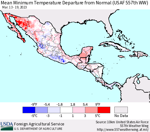 Mexico Central America and the Caribbean Mean Minimum Temperature Departure from Normal (USAF 557th WW) Thematic Map For 3/13/2023 - 3/19/2023