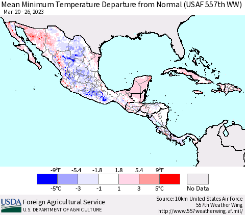 Mexico Central America and the Caribbean Mean Minimum Temperature Departure from Normal (USAF 557th WW) Thematic Map For 3/20/2023 - 3/26/2023