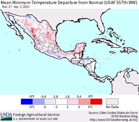 Mexico Central America and the Caribbean Mean Minimum Temperature Departure from Normal (USAF 557th WW) Thematic Map For 3/27/2023 - 4/2/2023