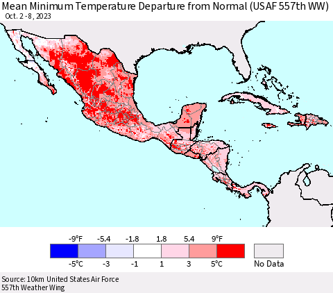 Mexico Central America and the Caribbean Mean Minimum Temperature Departure from Normal (USAF 557th WW) Thematic Map For 10/2/2023 - 10/8/2023