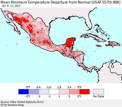 Mexico Central America and the Caribbean Mean Minimum Temperature Departure from Normal (USAF 557th WW) Thematic Map For 10/9/2023 - 10/15/2023