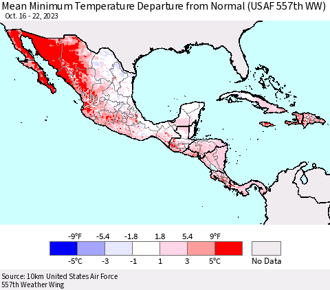 Mexico Central America and the Caribbean Mean Minimum Temperature Departure from Normal (USAF 557th WW) Thematic Map For 10/16/2023 - 10/22/2023