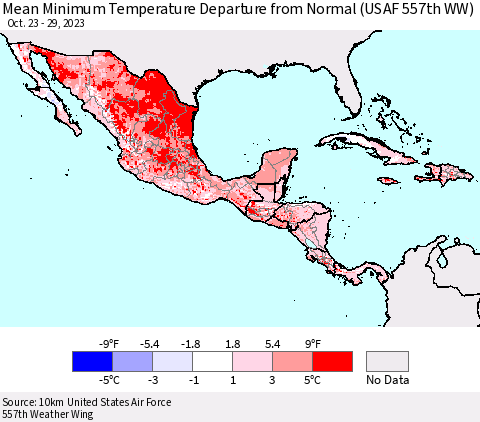 Mexico Central America and the Caribbean Mean Minimum Temperature Departure from Normal (USAF 557th WW) Thematic Map For 10/23/2023 - 10/29/2023