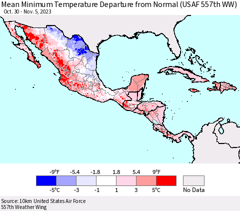 Mexico Central America and the Caribbean Mean Minimum Temperature Departure from Normal (USAF 557th WW) Thematic Map For 10/30/2023 - 11/5/2023