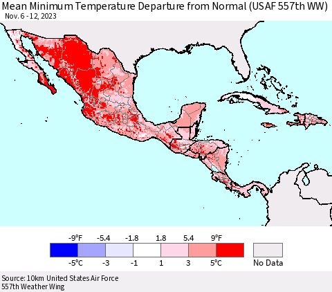 Mexico Central America and the Caribbean Mean Minimum Temperature Departure from Normal (USAF 557th WW) Thematic Map For 11/6/2023 - 11/12/2023