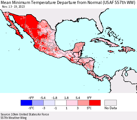 Mexico Central America and the Caribbean Mean Minimum Temperature Departure from Normal (USAF 557th WW) Thematic Map For 11/13/2023 - 11/19/2023