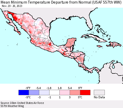 Mexico Central America and the Caribbean Mean Minimum Temperature Departure from Normal (USAF 557th WW) Thematic Map For 11/20/2023 - 11/26/2023