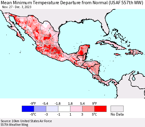Mexico Central America and the Caribbean Mean Minimum Temperature Departure from Normal (USAF 557th WW) Thematic Map For 11/27/2023 - 12/3/2023