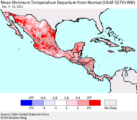 Mexico Central America and the Caribbean Mean Minimum Temperature Departure from Normal (USAF 557th WW) Thematic Map For 12/4/2023 - 12/10/2023