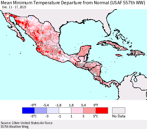 Mexico Central America and the Caribbean Mean Minimum Temperature Departure from Normal (USAF 557th WW) Thematic Map For 12/11/2023 - 12/17/2023