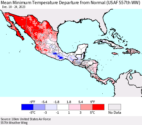 Mexico Central America and the Caribbean Mean Minimum Temperature Departure from Normal (USAF 557th WW) Thematic Map For 12/18/2023 - 12/24/2023