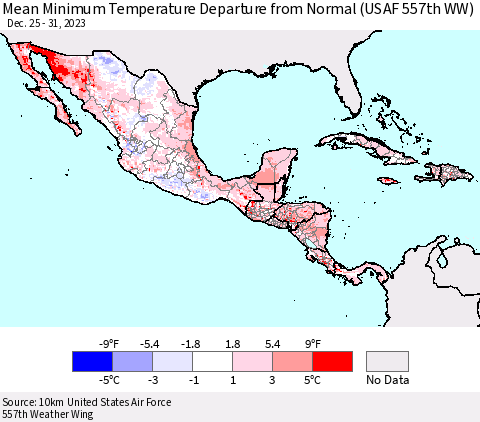 Mexico Central America and the Caribbean Mean Minimum Temperature Departure from Normal (USAF 557th WW) Thematic Map For 12/25/2023 - 12/31/2023
