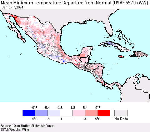 Mexico Central America and the Caribbean Mean Minimum Temperature Departure from Normal (USAF 557th WW) Thematic Map For 1/1/2024 - 1/7/2024