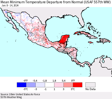 Mexico Central America and the Caribbean Mean Minimum Temperature Departure from Normal (USAF 557th WW) Thematic Map For 1/8/2024 - 1/14/2024