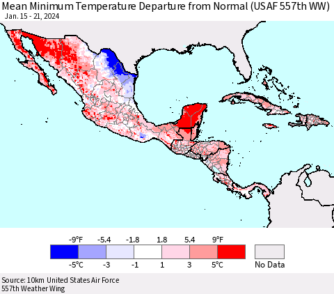 Mexico Central America and the Caribbean Mean Minimum Temperature Departure from Normal (USAF 557th WW) Thematic Map For 1/15/2024 - 1/21/2024