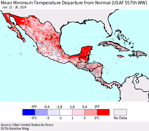 Mexico Central America and the Caribbean Mean Minimum Temperature Departure from Normal (USAF 557th WW) Thematic Map For 1/22/2024 - 1/28/2024