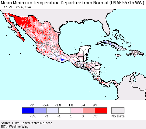 Mexico Central America and the Caribbean Mean Minimum Temperature Departure from Normal (USAF 557th WW) Thematic Map For 1/29/2024 - 2/4/2024