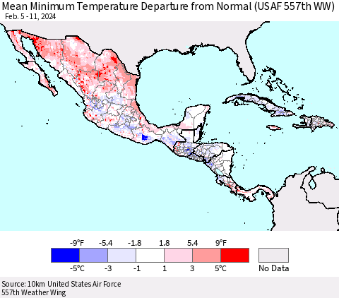 Mexico Central America and the Caribbean Mean Minimum Temperature Departure from Normal (USAF 557th WW) Thematic Map For 2/5/2024 - 2/11/2024