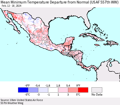 Mexico Central America and the Caribbean Mean Minimum Temperature Departure from Normal (USAF 557th WW) Thematic Map For 2/12/2024 - 2/18/2024