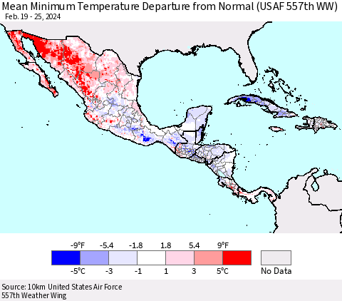 Mexico Central America and the Caribbean Mean Minimum Temperature Departure from Normal (USAF 557th WW) Thematic Map For 2/19/2024 - 2/25/2024