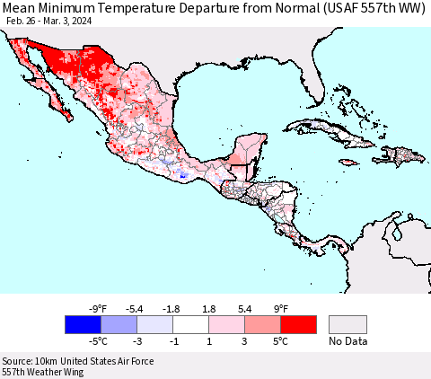 Mexico Central America and the Caribbean Mean Minimum Temperature Departure from Normal (USAF 557th WW) Thematic Map For 2/26/2024 - 3/3/2024