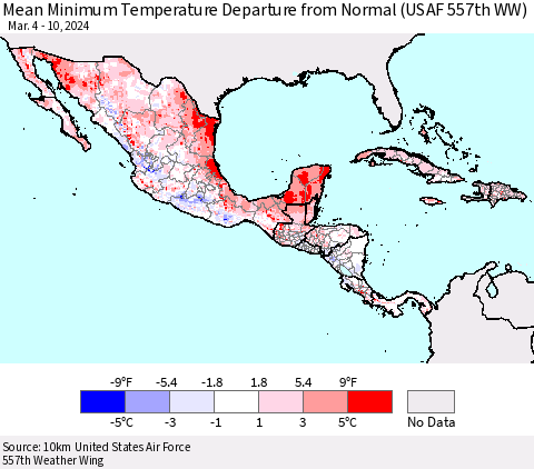 Mexico Central America and the Caribbean Mean Minimum Temperature Departure from Normal (USAF 557th WW) Thematic Map For 3/4/2024 - 3/10/2024