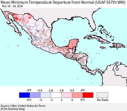 Mexico Central America and the Caribbean Mean Minimum Temperature Departure from Normal (USAF 557th WW) Thematic Map For 3/18/2024 - 3/24/2024