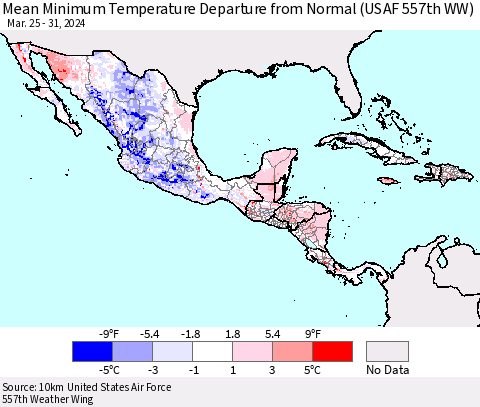 Mexico Central America and the Caribbean Mean Minimum Temperature Departure from Normal (USAF 557th WW) Thematic Map For 3/25/2024 - 3/31/2024