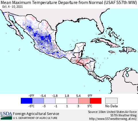 Mexico Central America and the Caribbean Mean Maximum Temperature Departure from Normal (USAF 557th WW) Thematic Map For 10/4/2021 - 10/10/2021