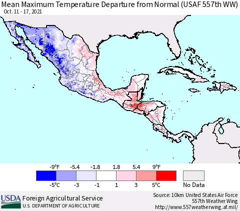 Mexico Central America and the Caribbean Mean Maximum Temperature Departure from Normal (USAF 557th WW) Thematic Map For 10/11/2021 - 10/17/2021