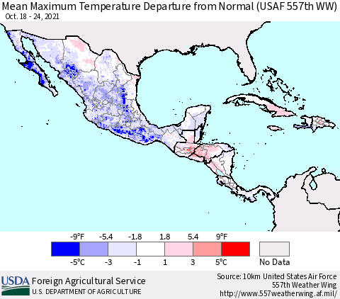 Mexico Central America and the Caribbean Mean Maximum Temperature Departure from Normal (USAF 557th WW) Thematic Map For 10/18/2021 - 10/24/2021