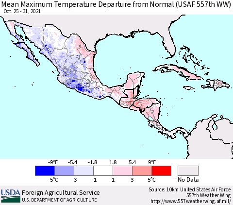 Mexico Central America and the Caribbean Mean Maximum Temperature Departure from Normal (USAF 557th WW) Thematic Map For 10/25/2021 - 10/31/2021