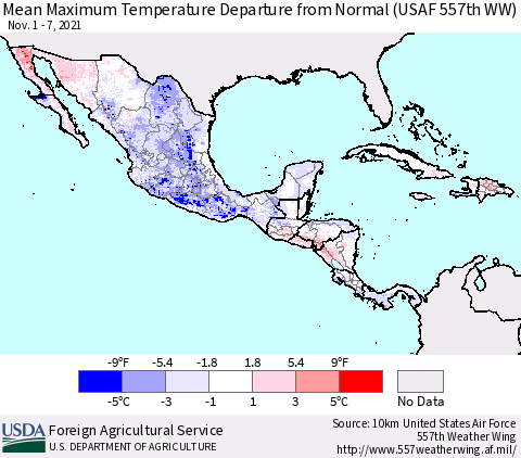 Mexico Central America and the Caribbean Mean Maximum Temperature Departure from Normal (USAF 557th WW) Thematic Map For 11/1/2021 - 11/7/2021